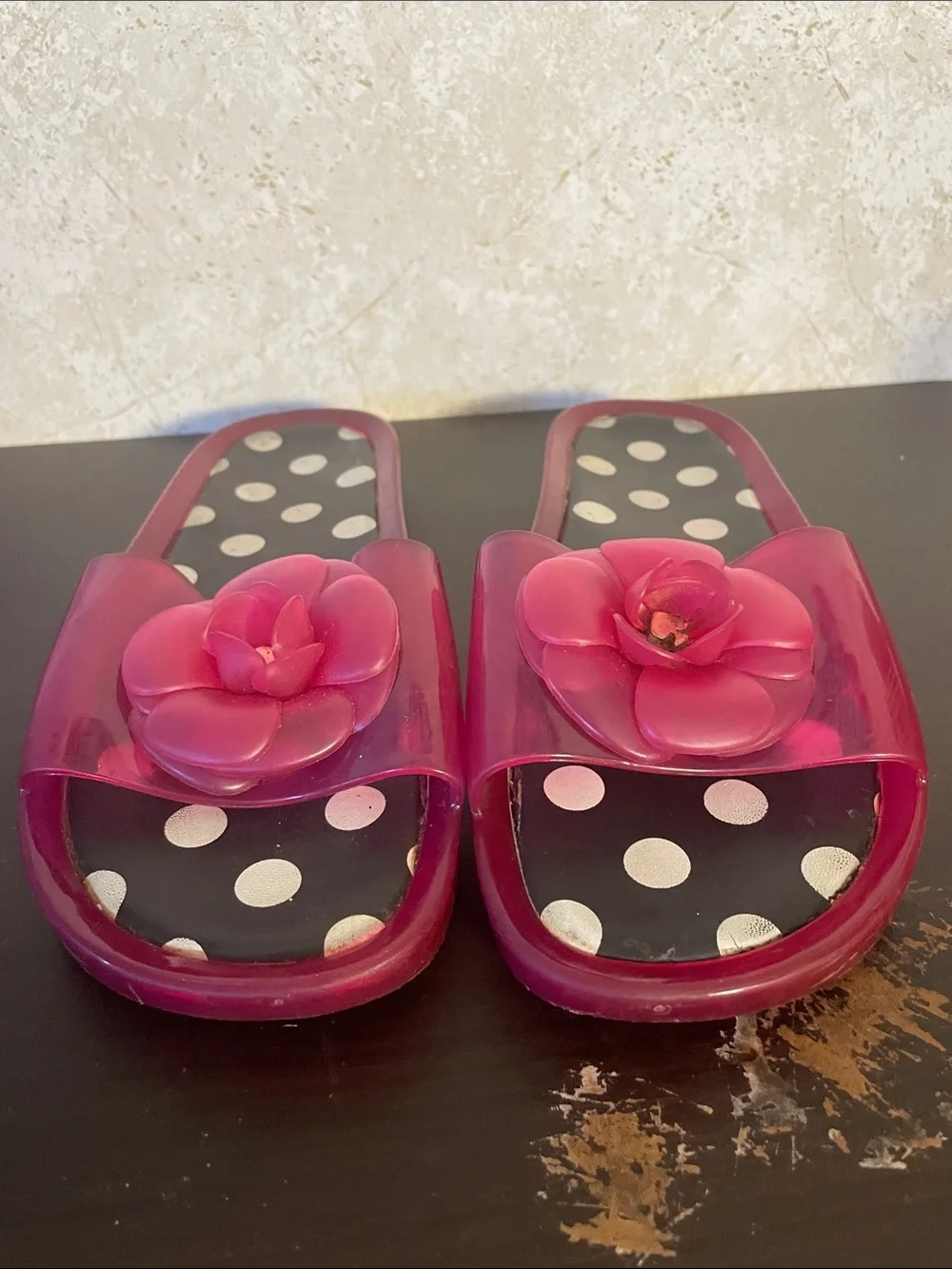 kate spade New York Splash Pink Jelly Slide Floral Sandals Polka Dot Footbed